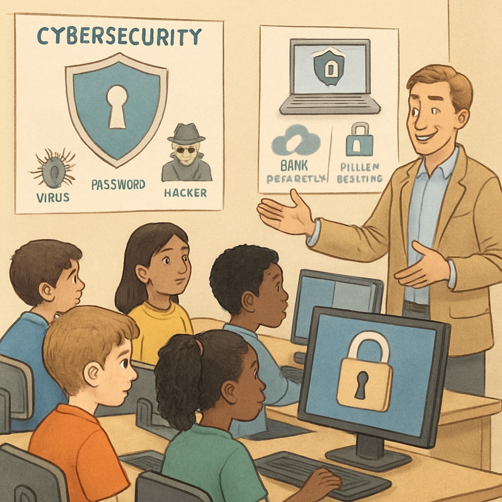 Students in a classroom learning cybersecurity, linking to early education in digital skills.