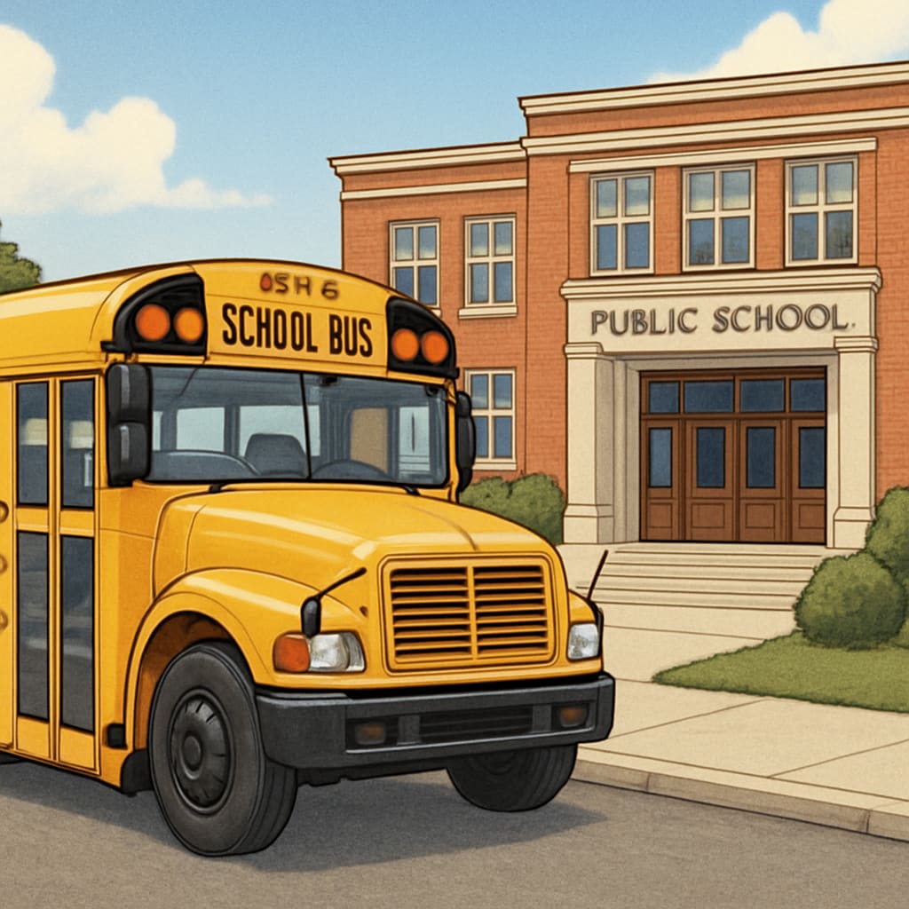 School bus outside a public school, illustrating transportation costs in education budgets.