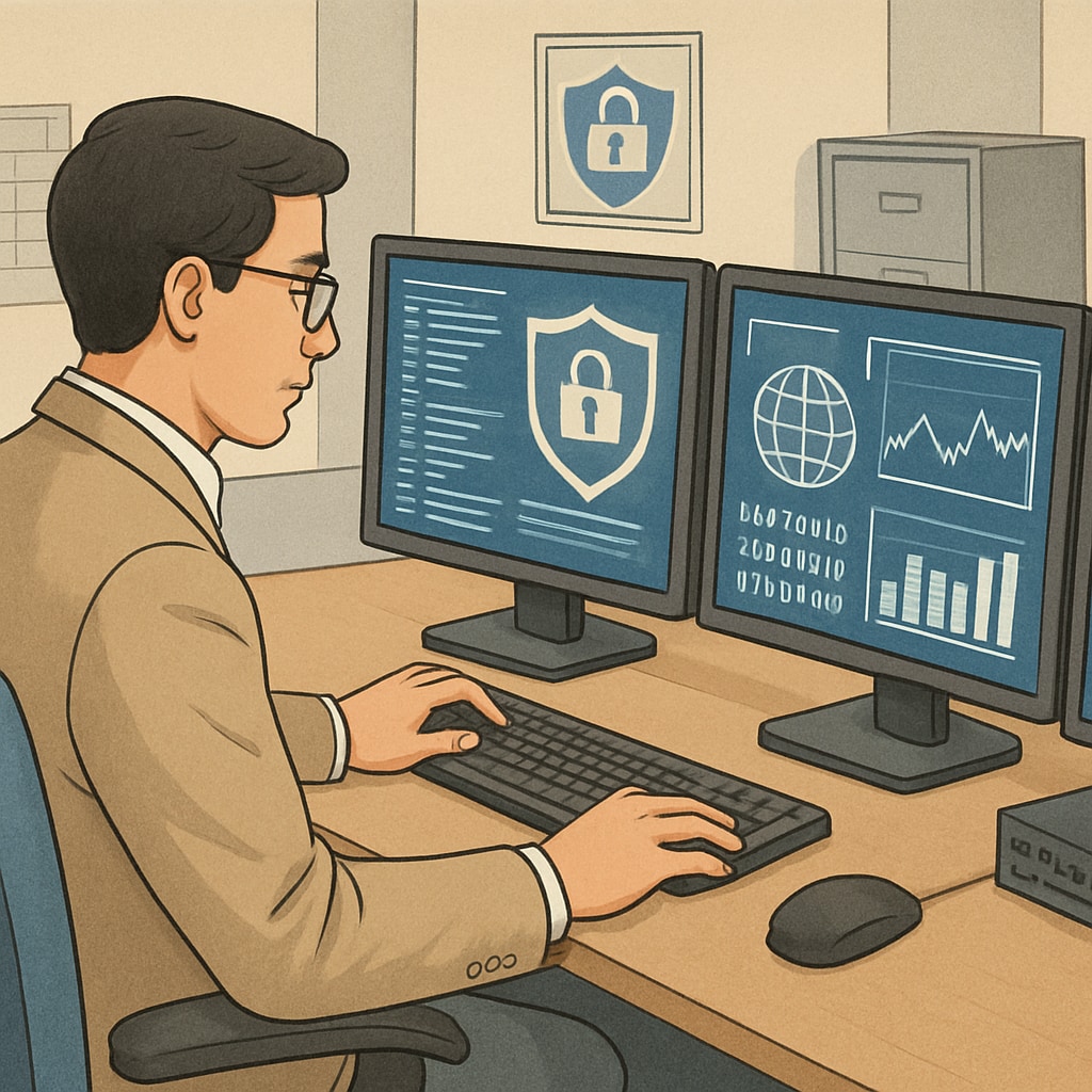 Cybersecurity analyst working on multiple screens in a secure environment.