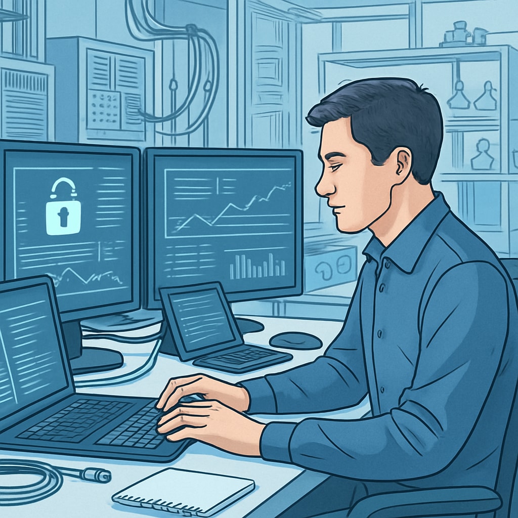 A professional analyzing data in a cybersecurity lab, focusing on practical skills.