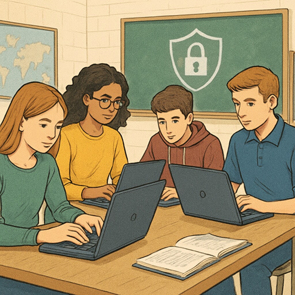 High school students collaborating during a cybersecurity workshop.