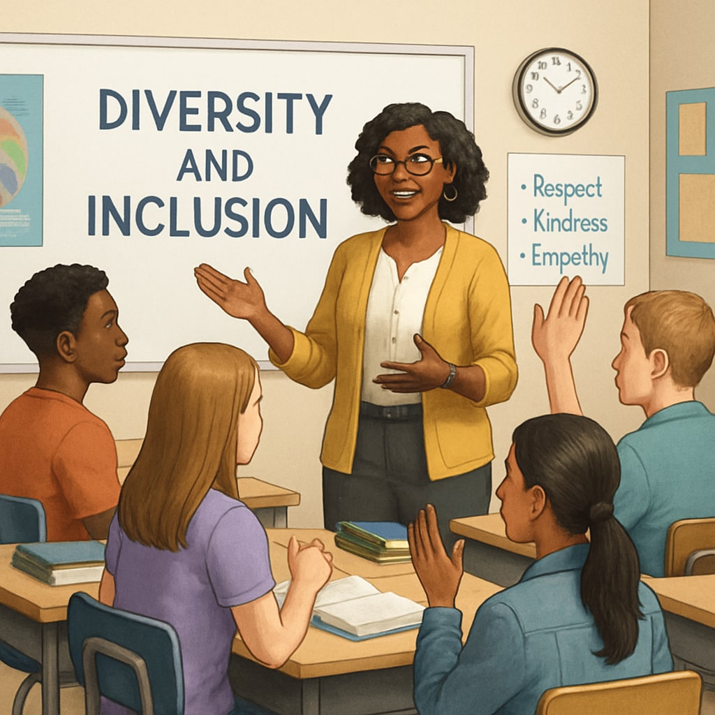 A teacher leading a discussion on diversity in a high school classroom, related to school wokeness.