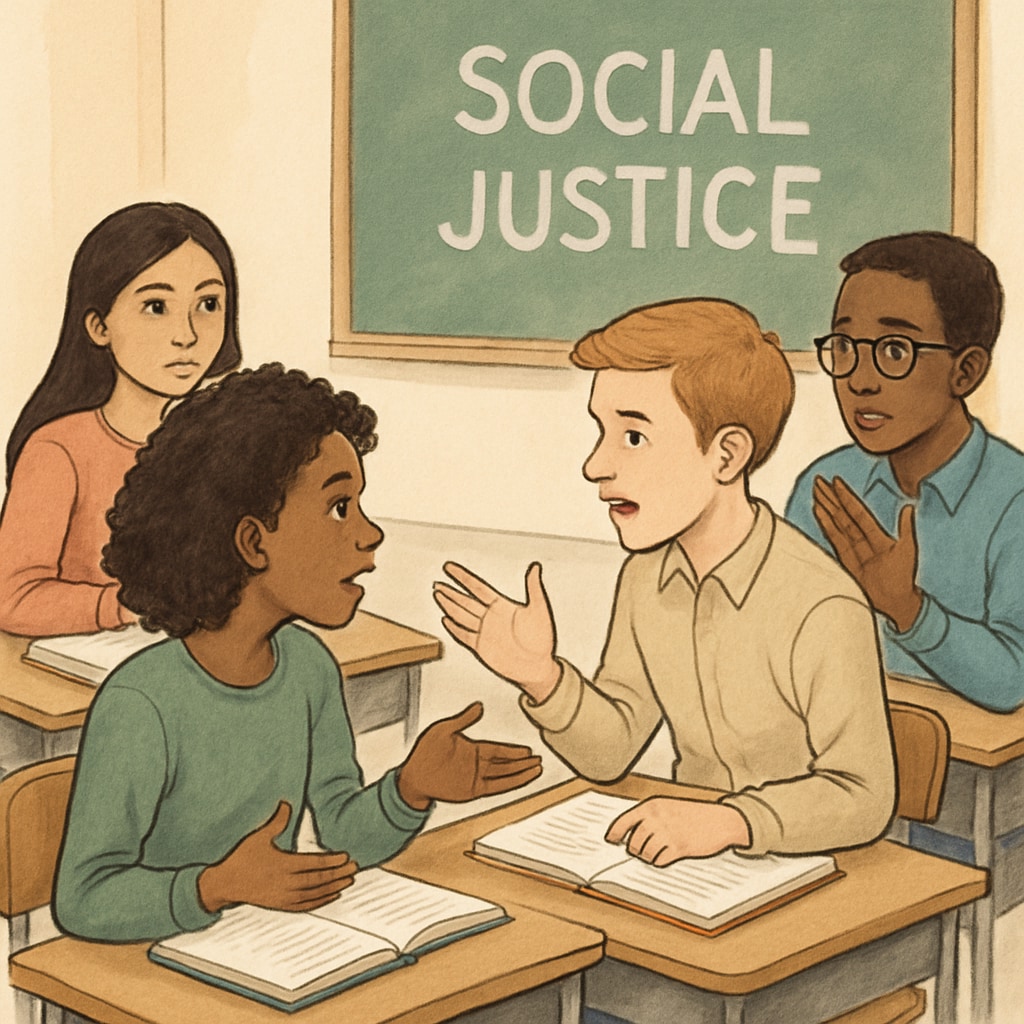 A group of high school students engaging in a classroom debate about social justice, reflecting school wokeness.