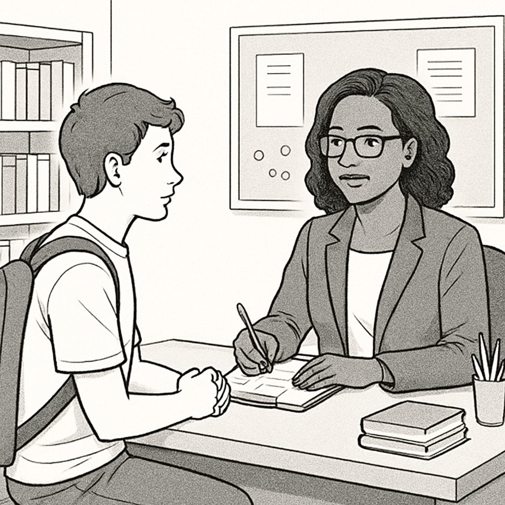 High school counselor advising a student on career and academic goals during a personal session.