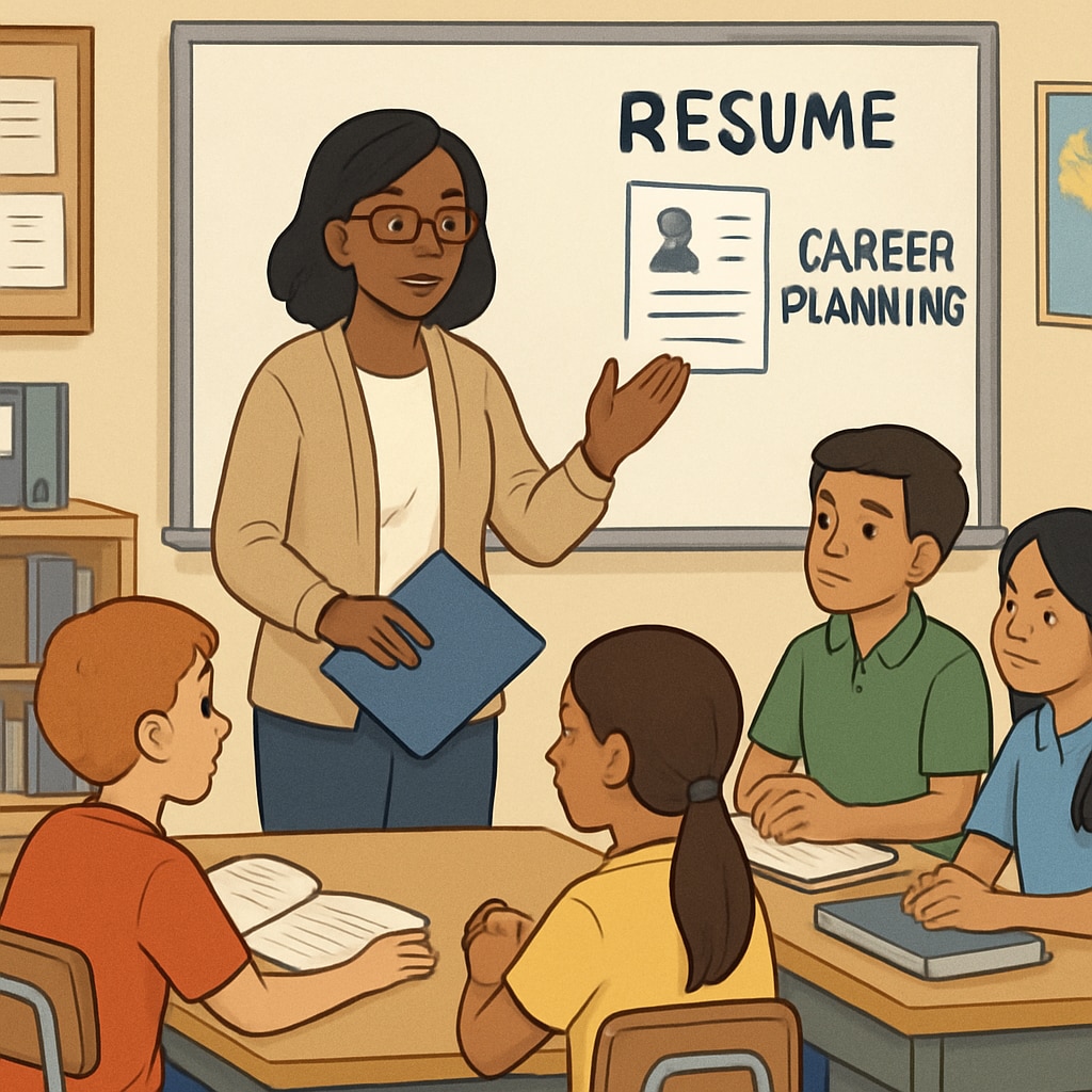 Teacher discussing resume-building with K12 students.