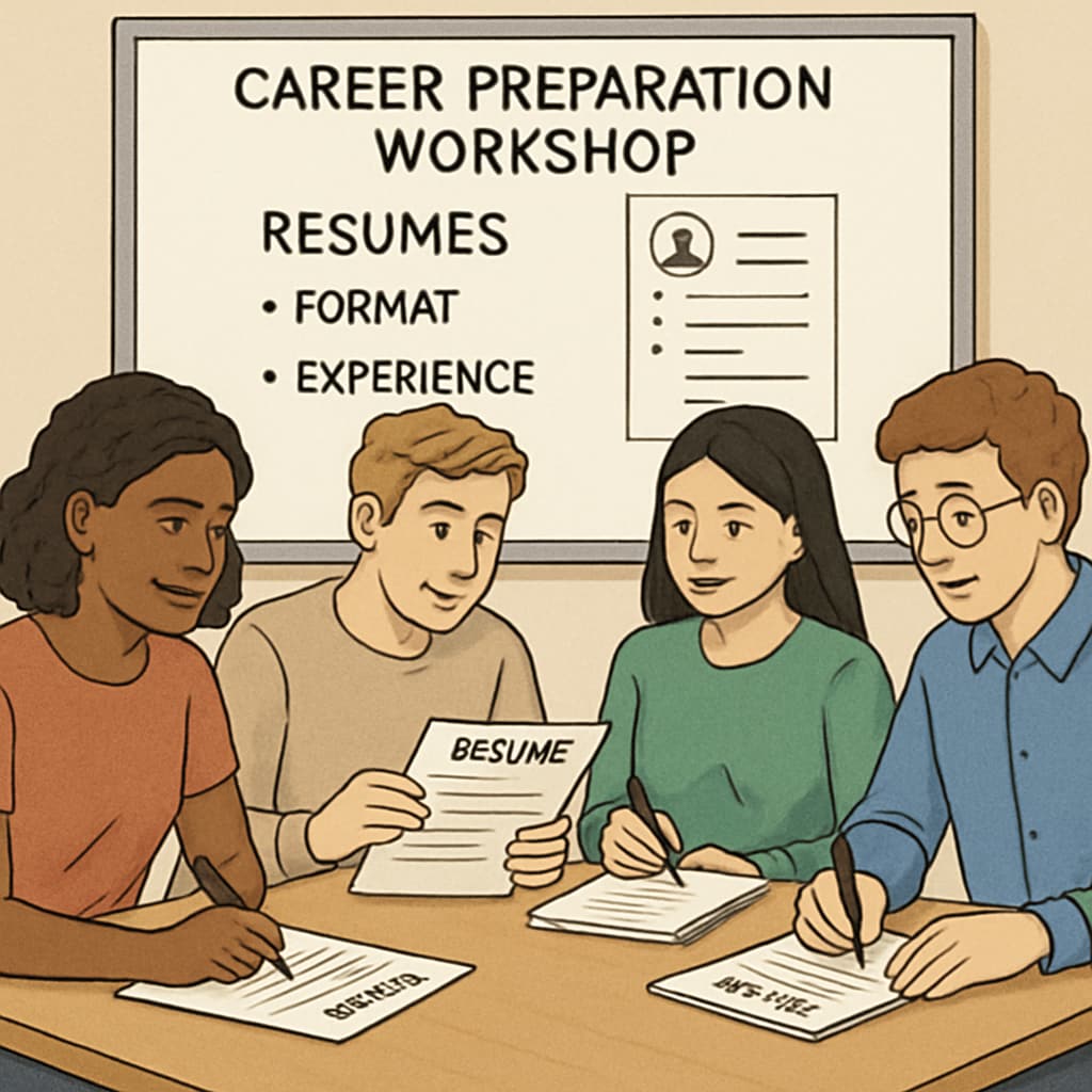 K12 students creating resumes in a workshop setting.