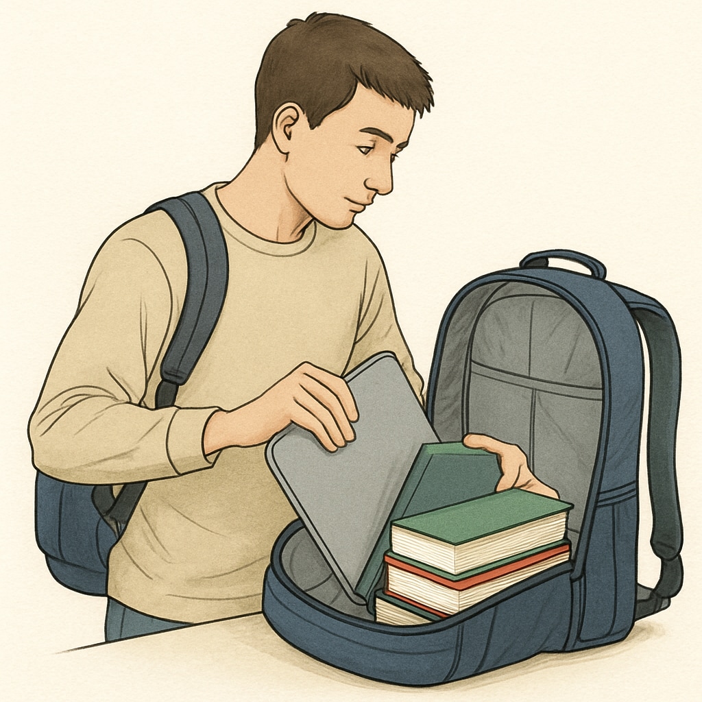 College student organizing items in a durable, spacious backpack