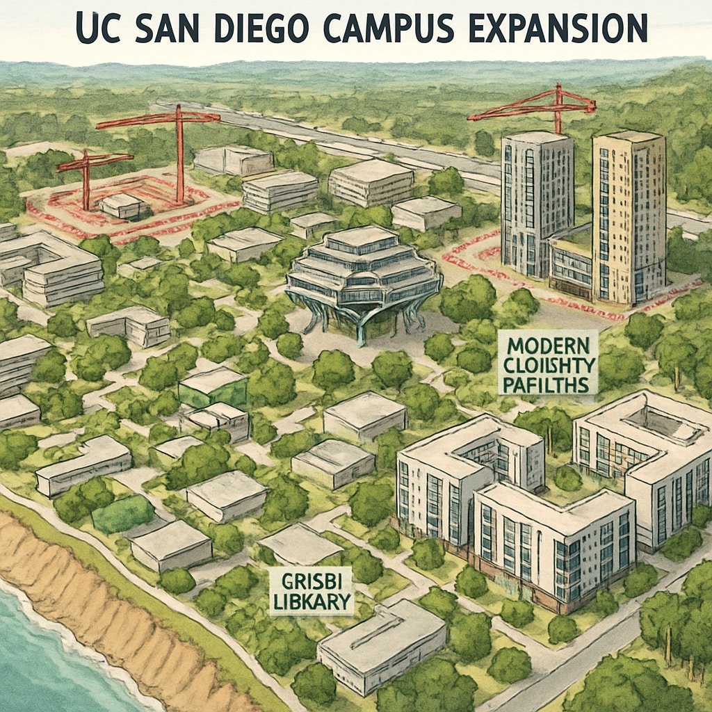 UC San Diego campus with expansion projects and facilities, highlighting enrollment growth.
