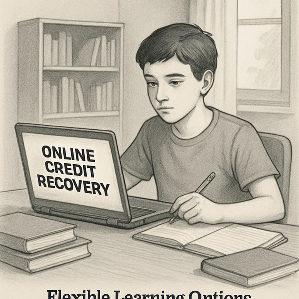 Student completing online credit recovery course at home.