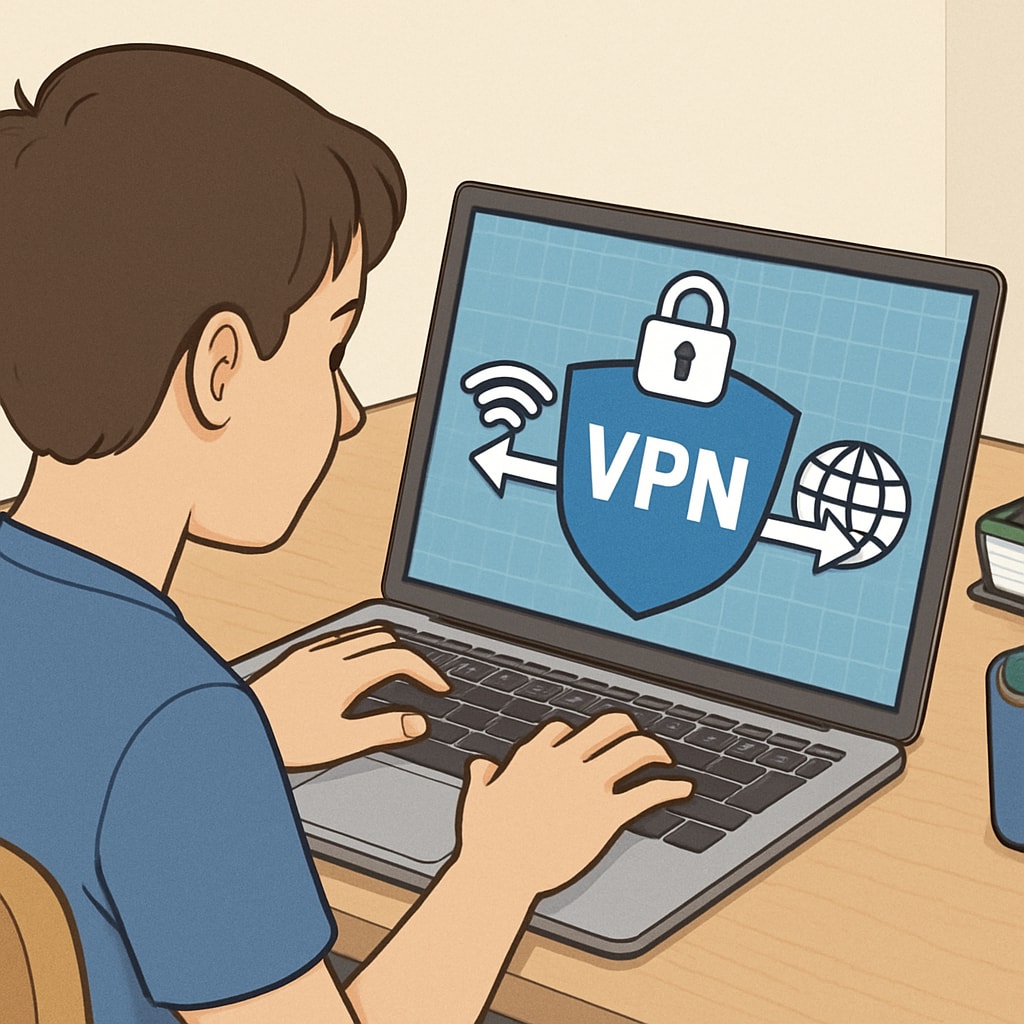 Young person using a laptop with VPN, highlighting age verification circumvention under UK law.