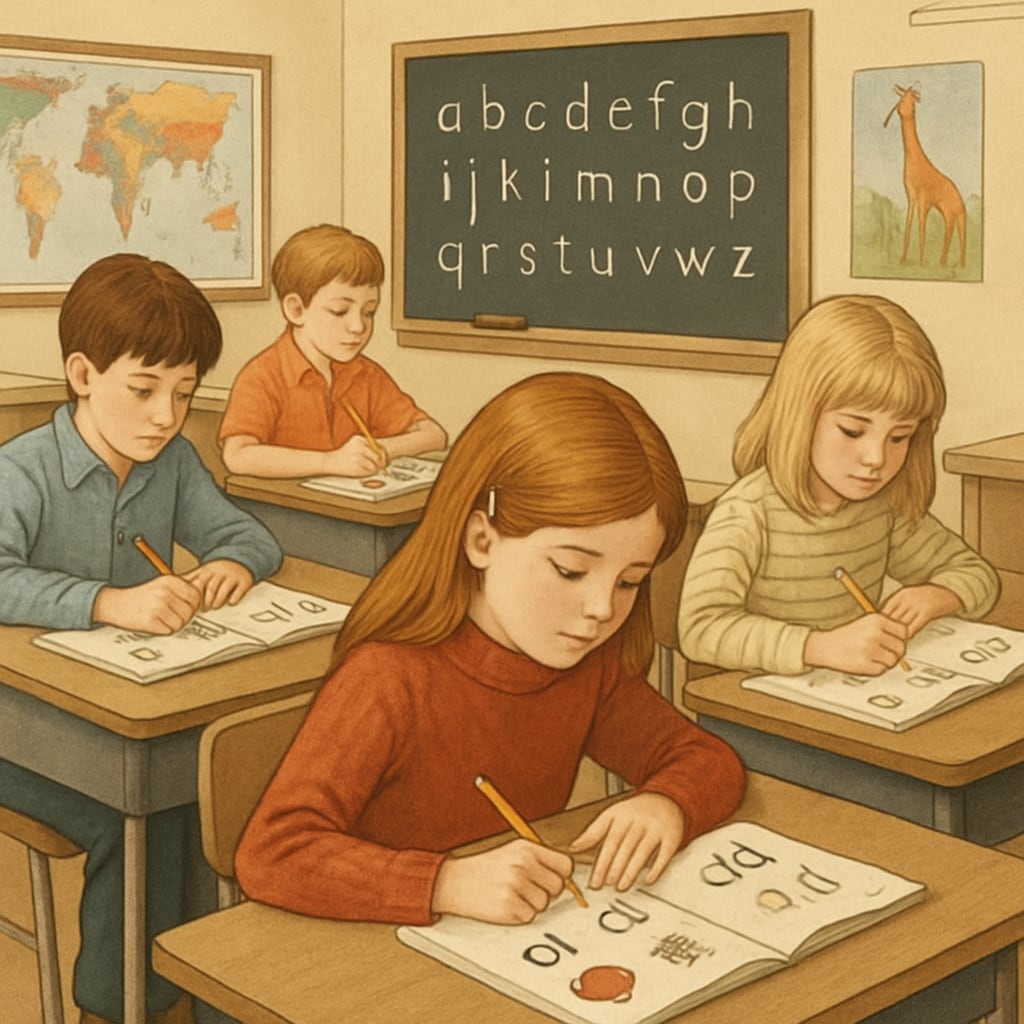 Students in a 1970s classroom using Initial Teaching Alphabet workbooks.