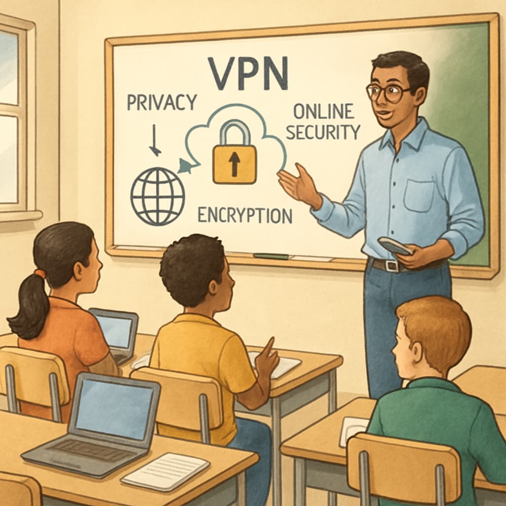 Students learning about VPNs and online privacy as part of digital citizenship education.