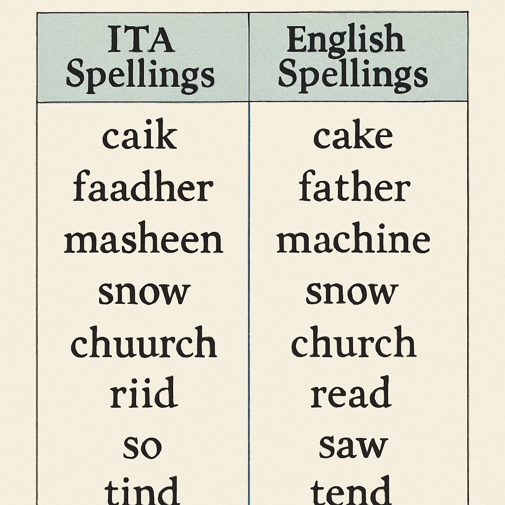 Comparison chart of ITA phonetic spellings versus standard English spellings.
