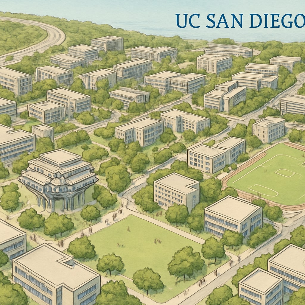 An aerial view of UC San Diego campus, showcasing its infrastructure and student activity. UC San Diego campus view highlighting student expansion and future growth.