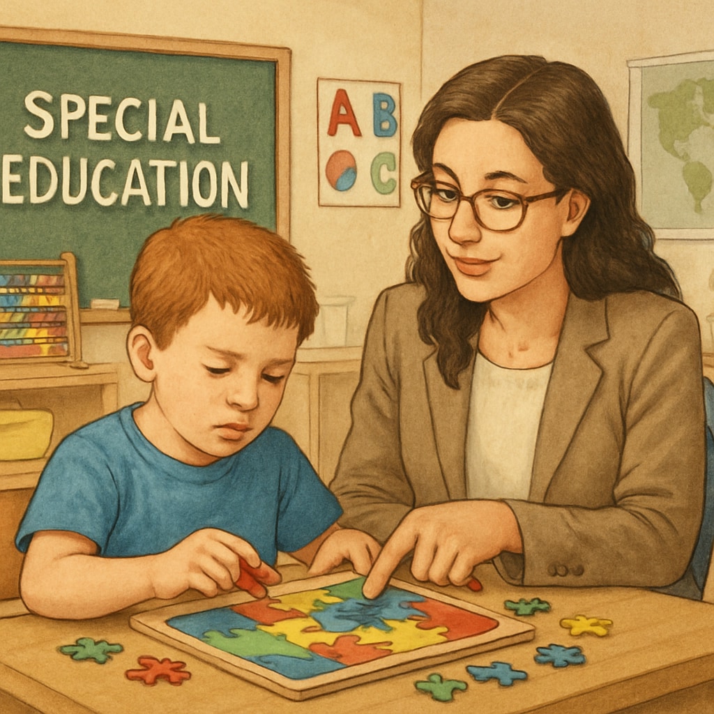 Teaching assistant helps a child with autism complete a puzzle in a special education classroom.