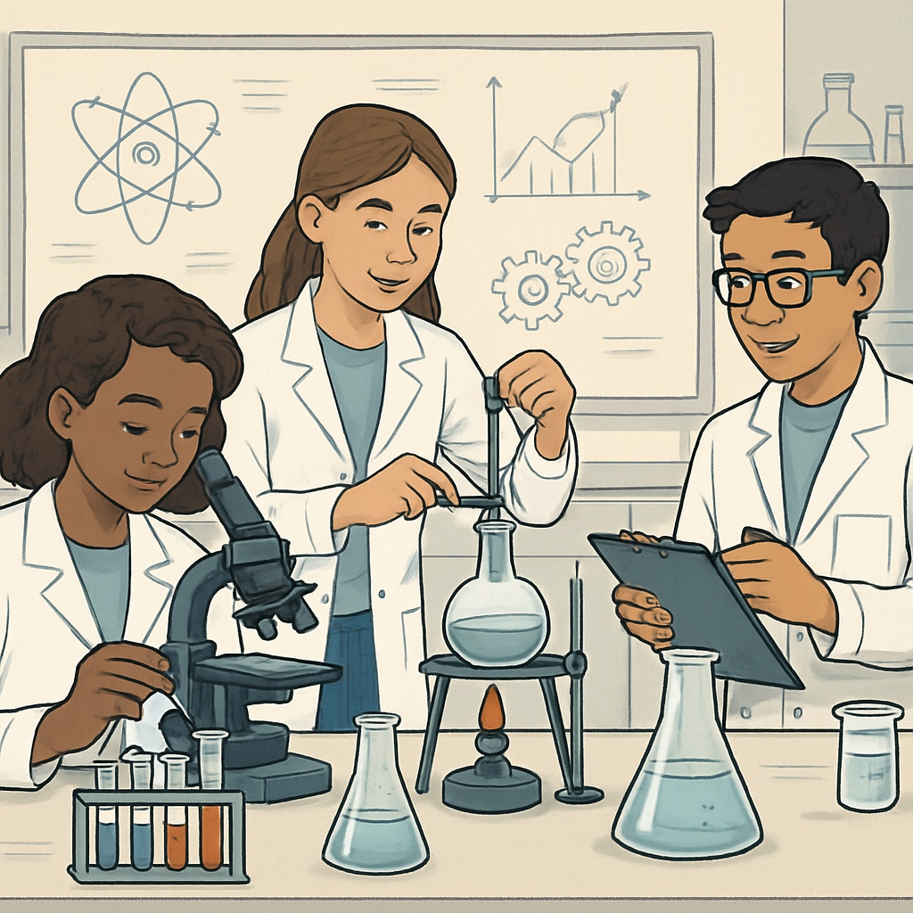 Students in a STEM laboratory working on collaborative experiments, representing educational innovation. High school students participating in STEM-based programs preparing for higher education opportunities.
