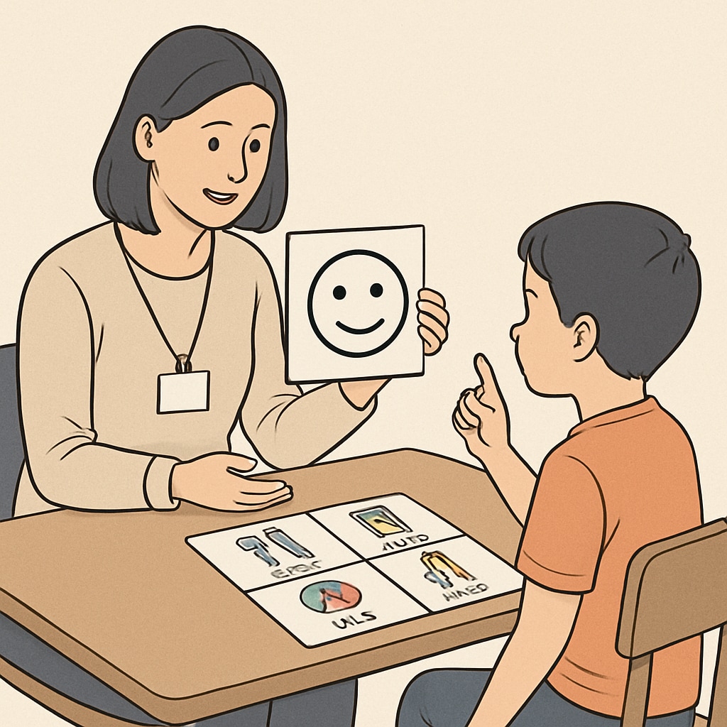 Teaching assistant uses visual aids to communicate with a non-verbal child with autism.