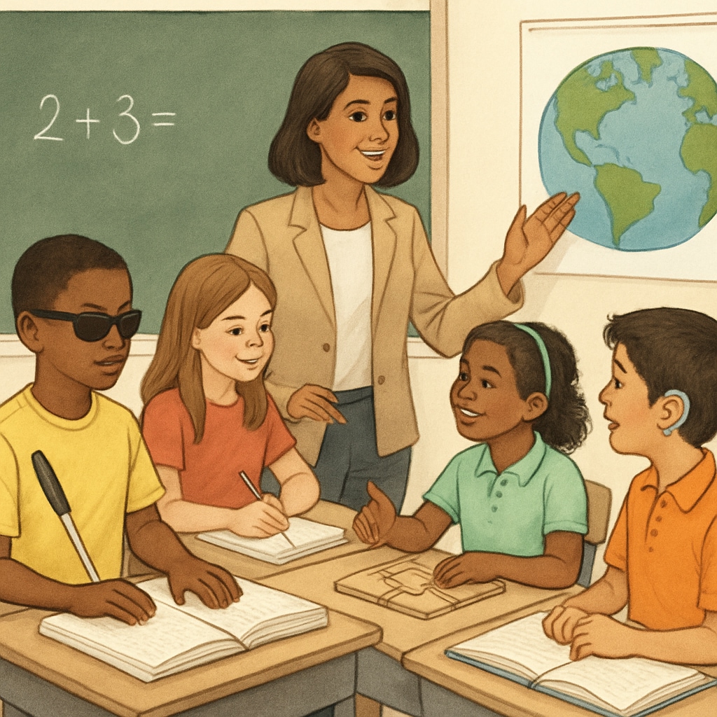 A teacher engaging with students in a classroom, emphasizing diverse learning styles and inclusive education. A classroom setting showing diverse learning styles, including ADHD students, in action.