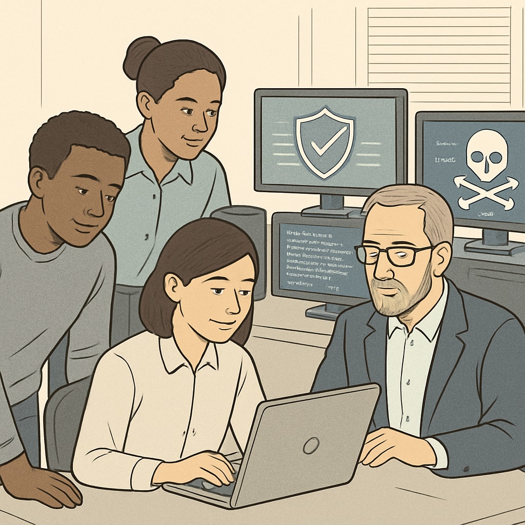 Cybersecurity professionals collaborating in an office environment.
