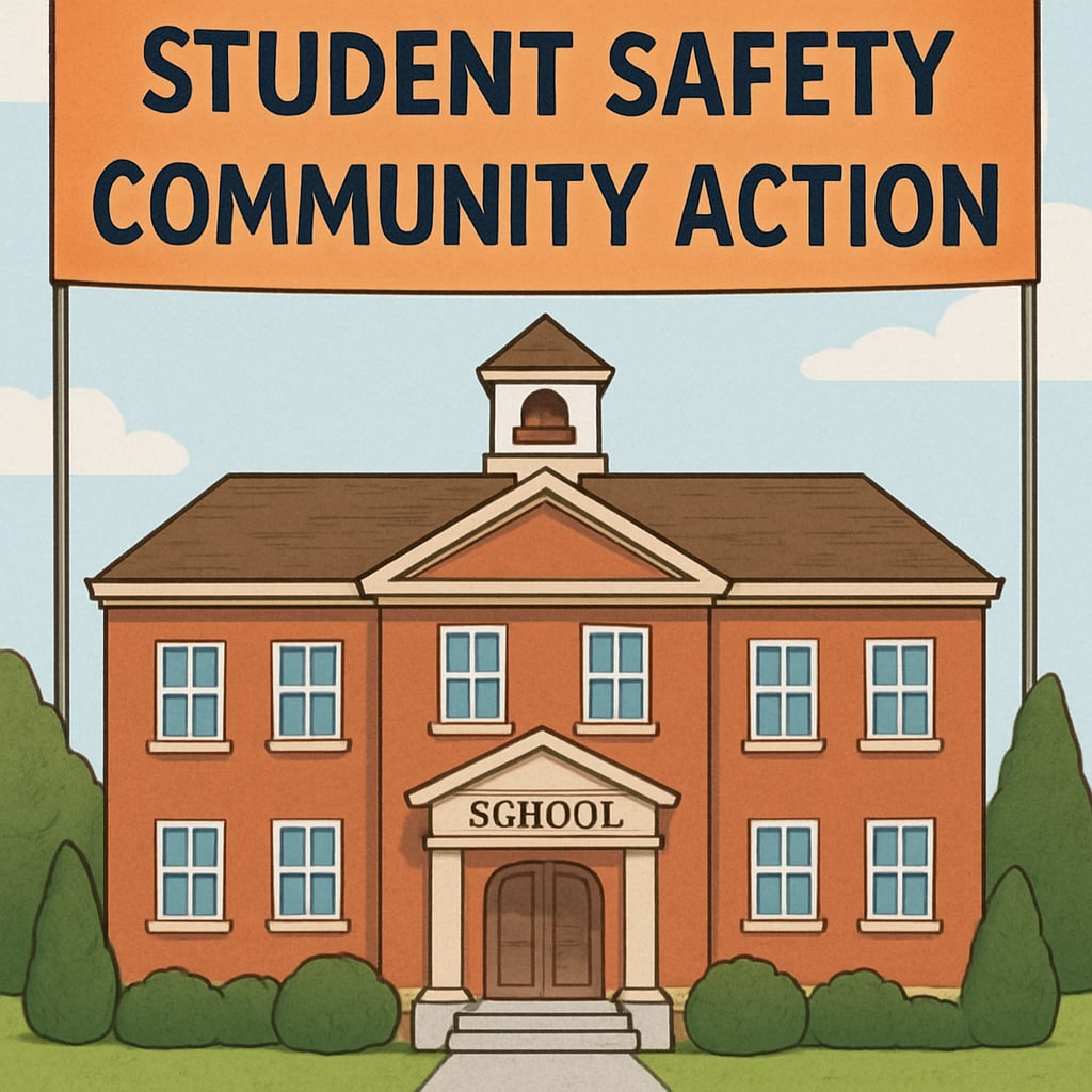 School building with signage advocating for student protection and community involvement.