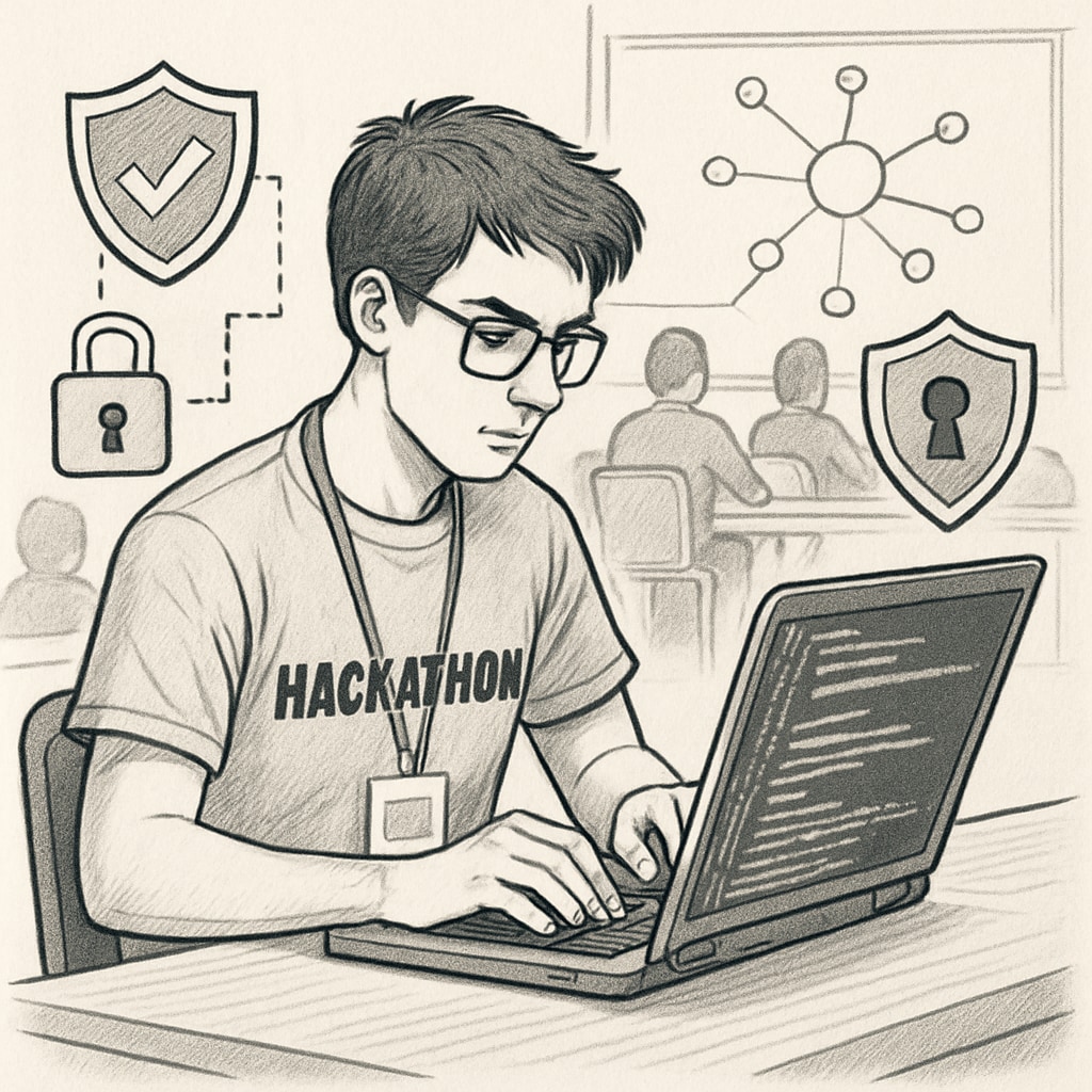 Cybersecurity student at a hackathon event.