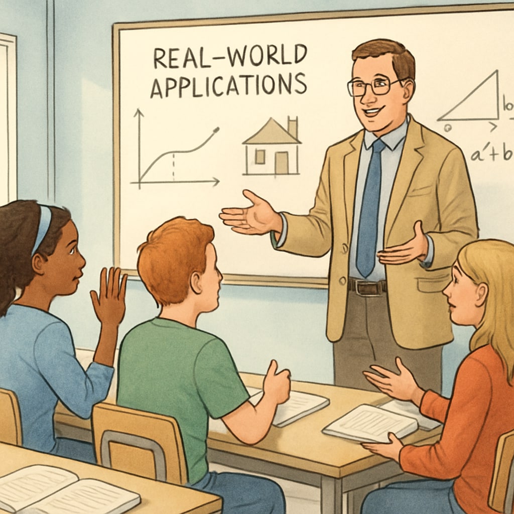 A math teacher engaging students in a discussion about real-world applications of mathematical concepts, in a modern classroom setting. Math teacher discussing real-world math applications with students in a classroom.