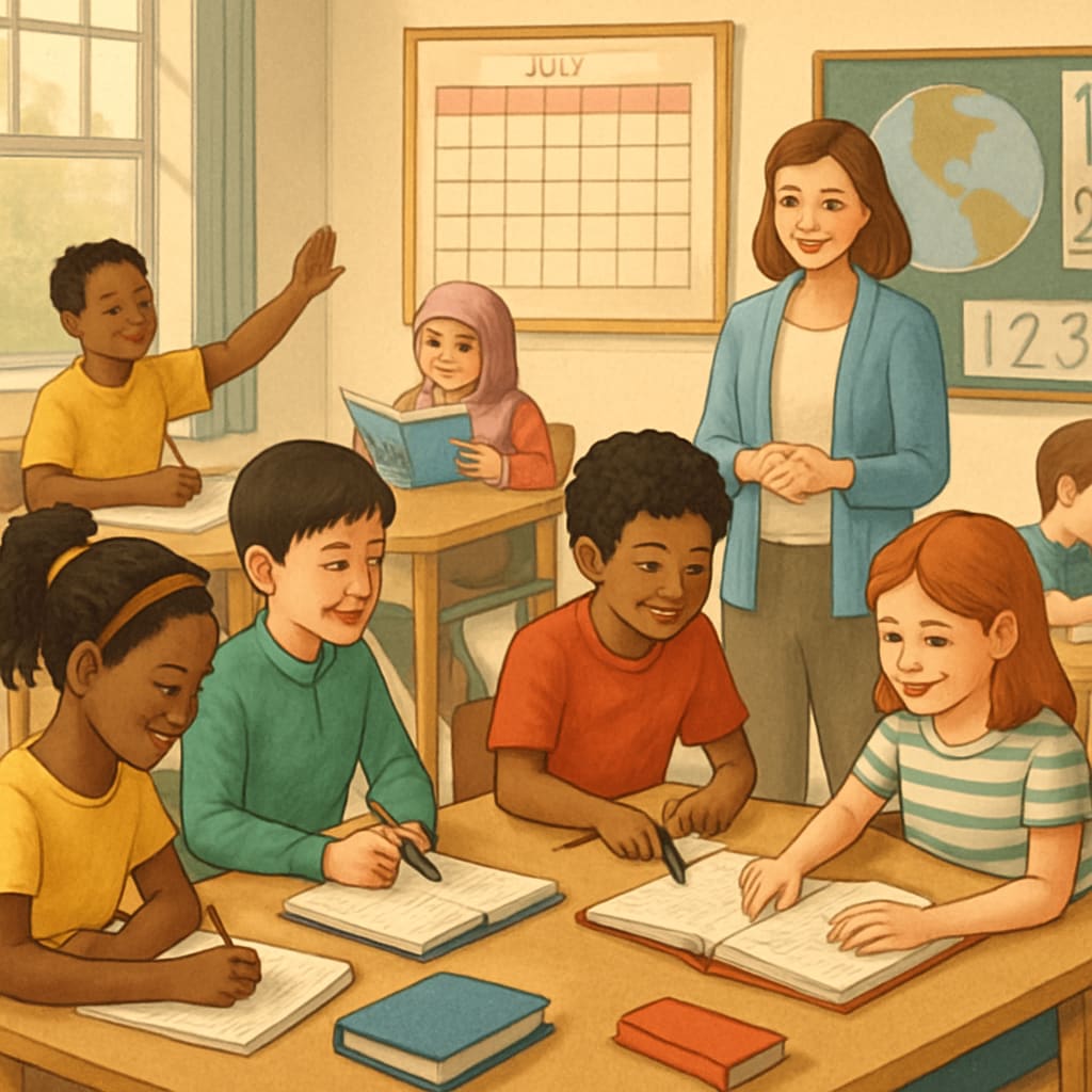 Students in a year-round classroom engaging in collaborative learning, addressing the 
