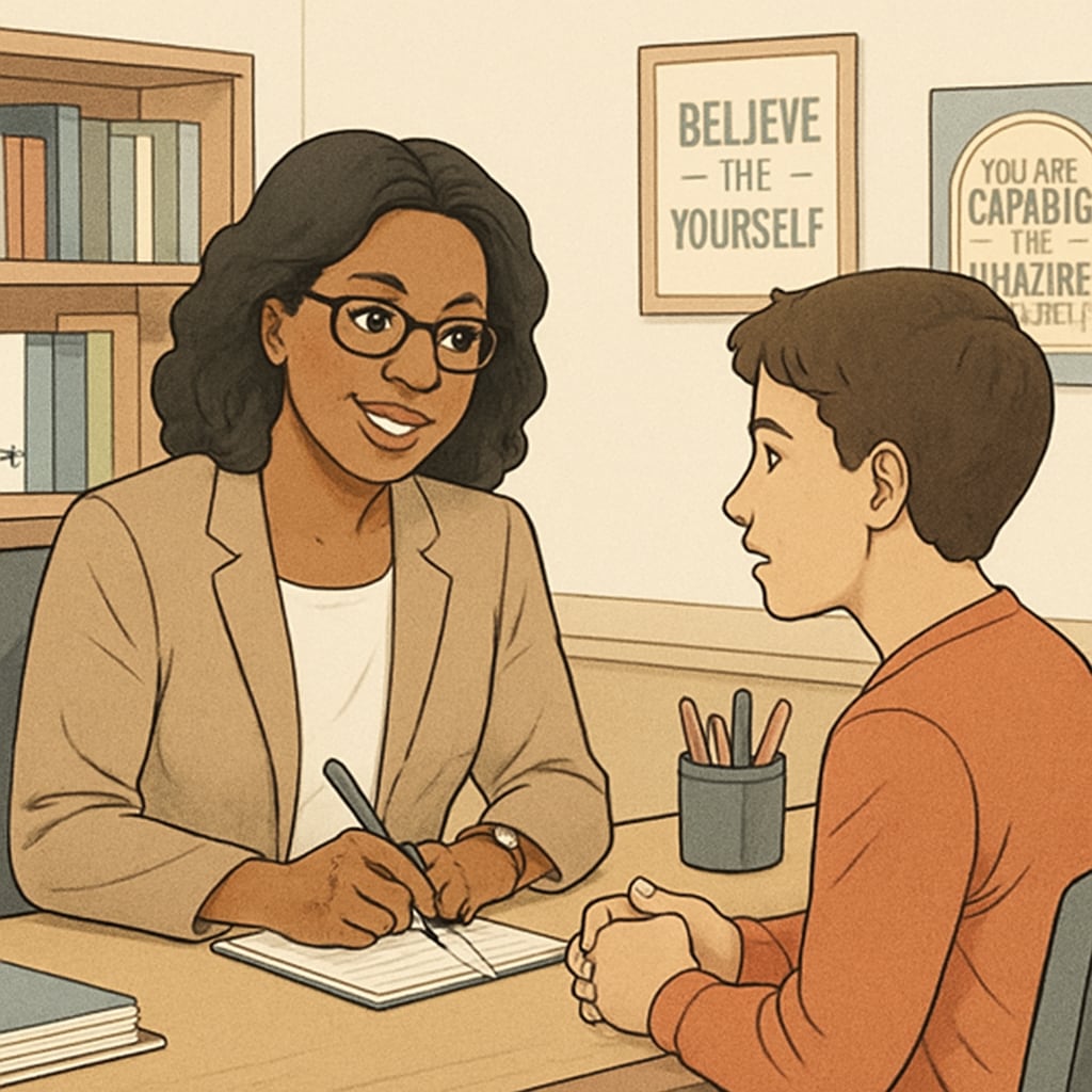 A school counselor discussing with a student in an office, symbolizing the connection between counseling and academic success.