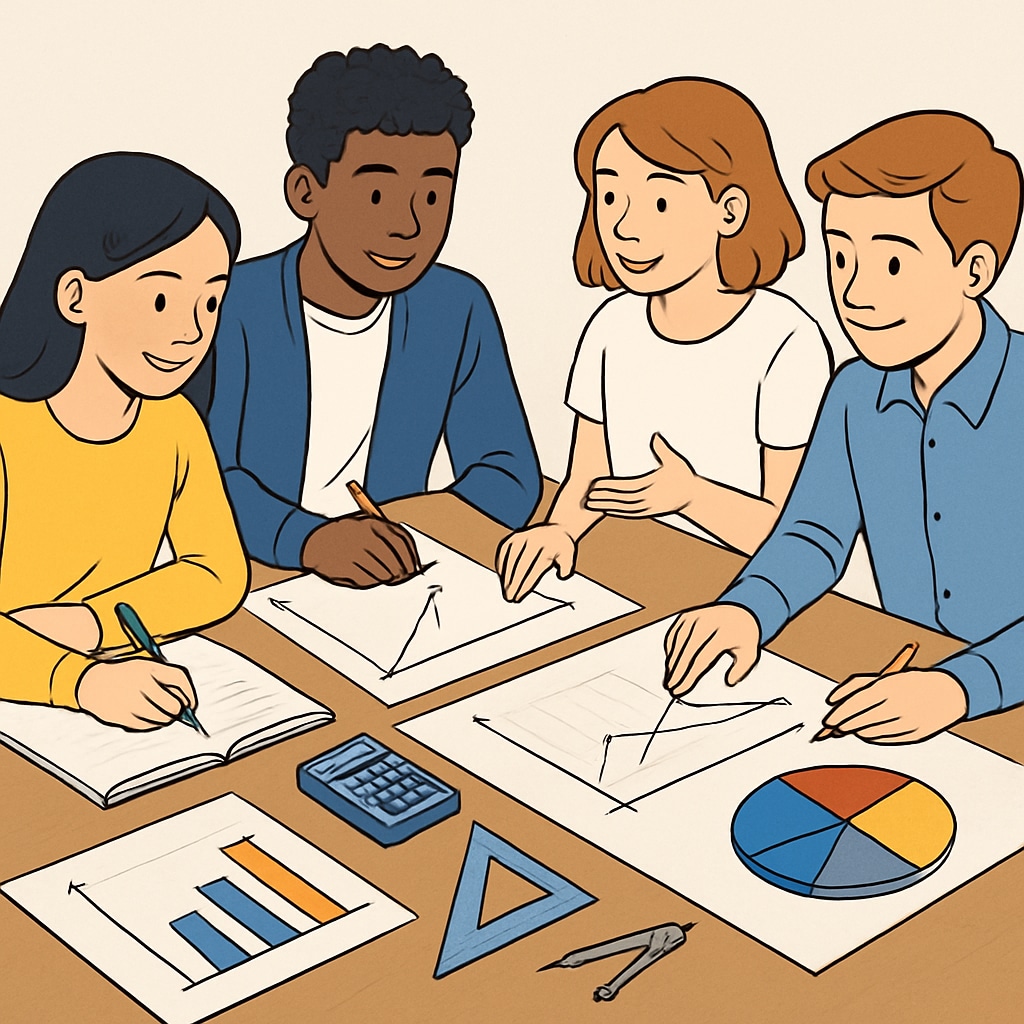 A group of students working together on a math-related project, collaborating around a table with charts and graphs. Students collaborating on a math project with charts and graphs.