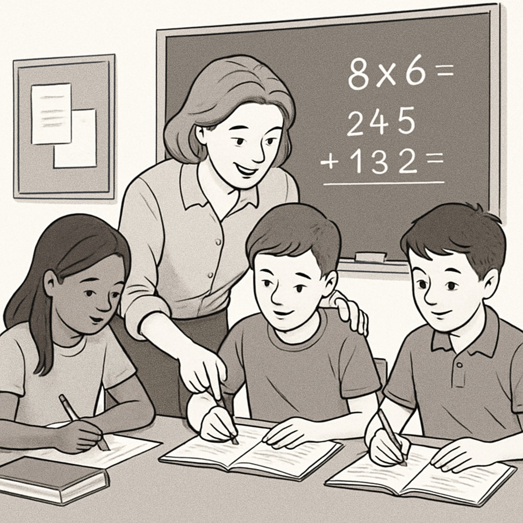 Teacher guiding students during a math lesson in a year-round school setting.