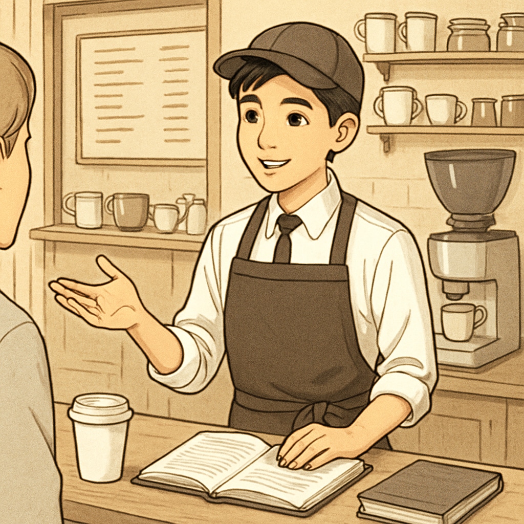 High school student working part-time in a coffee shop, balancing school and job responsibilities.