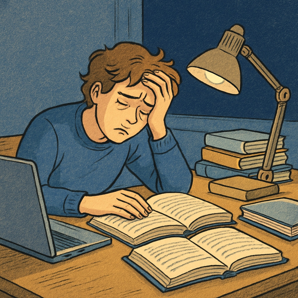 High school student studying late at night, feeling overwhelmed by work and academics.