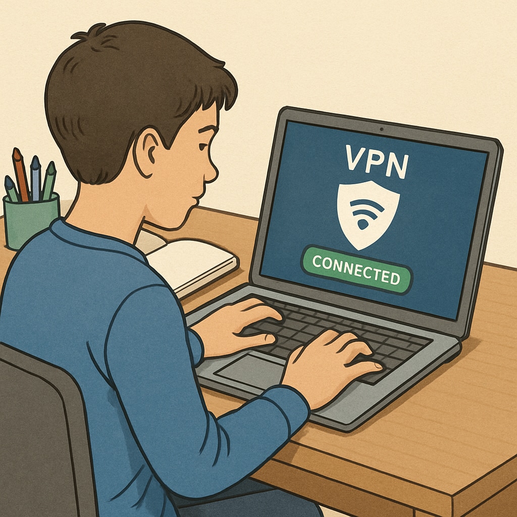 Teenager using a VPN application on a laptop, representing privacy and internet safety concerns.