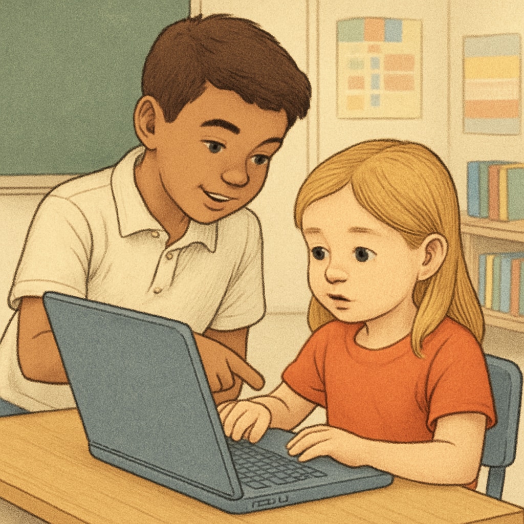 A fourth grader helping a kindergartener with a computer during a cross-age learning activity.