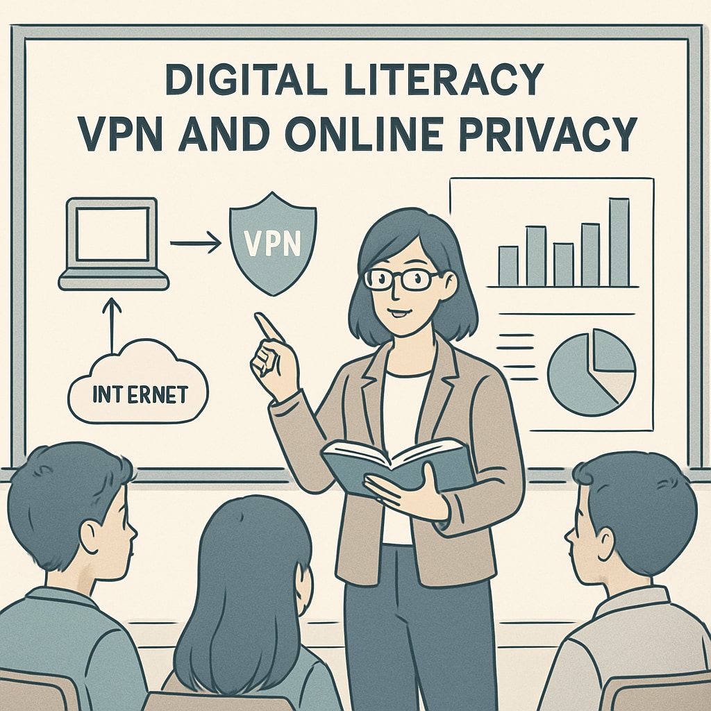 Educator teaching K12 students about VPNs and online privacy in a classroom setting.
