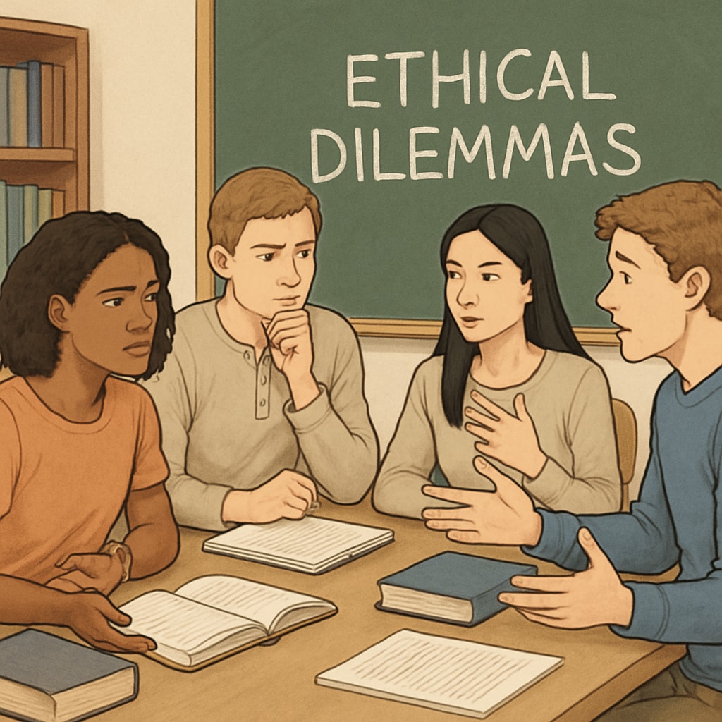 Students discussing ethical dilemmas in a K12 classroom setting.