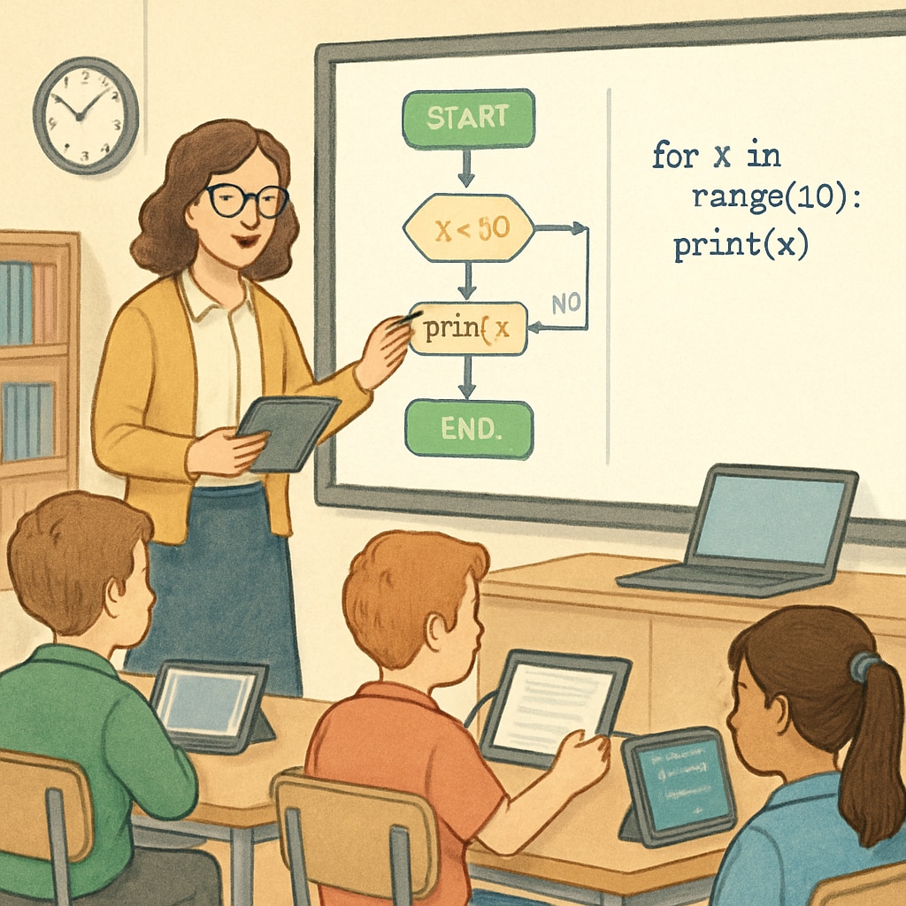 A teacher explaining coding to students in a technology-enabled classroom.
