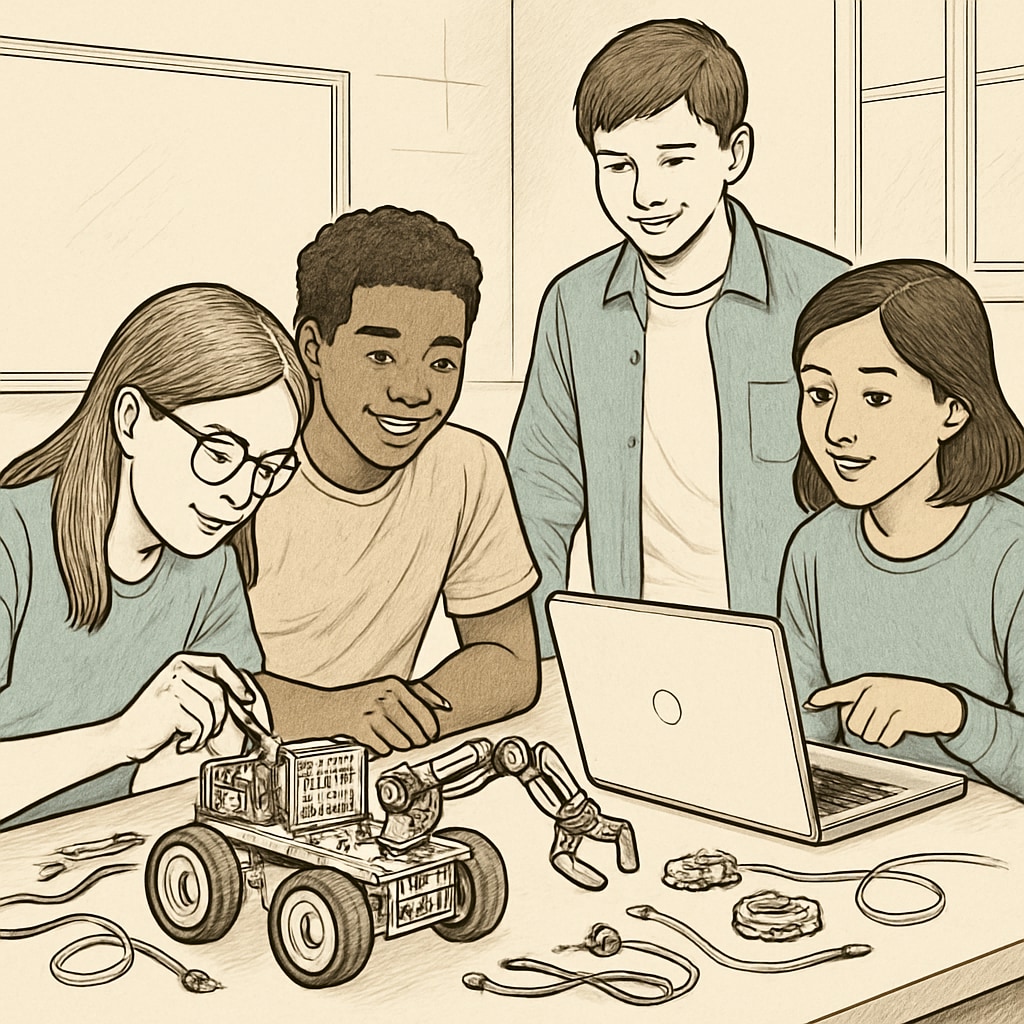Students collaborating on a robotics project in a computer science-focused classroom.