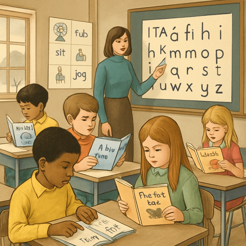 Children in a 1970s classroom learning with ITA teaching materials, highlighting the experimental approach.