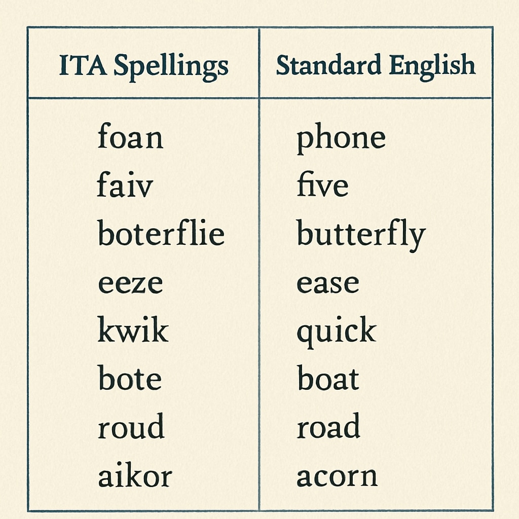 Comparison of ITA and standard English spellings, showing the phonetic approach of ITA versus traditional spelling rules.