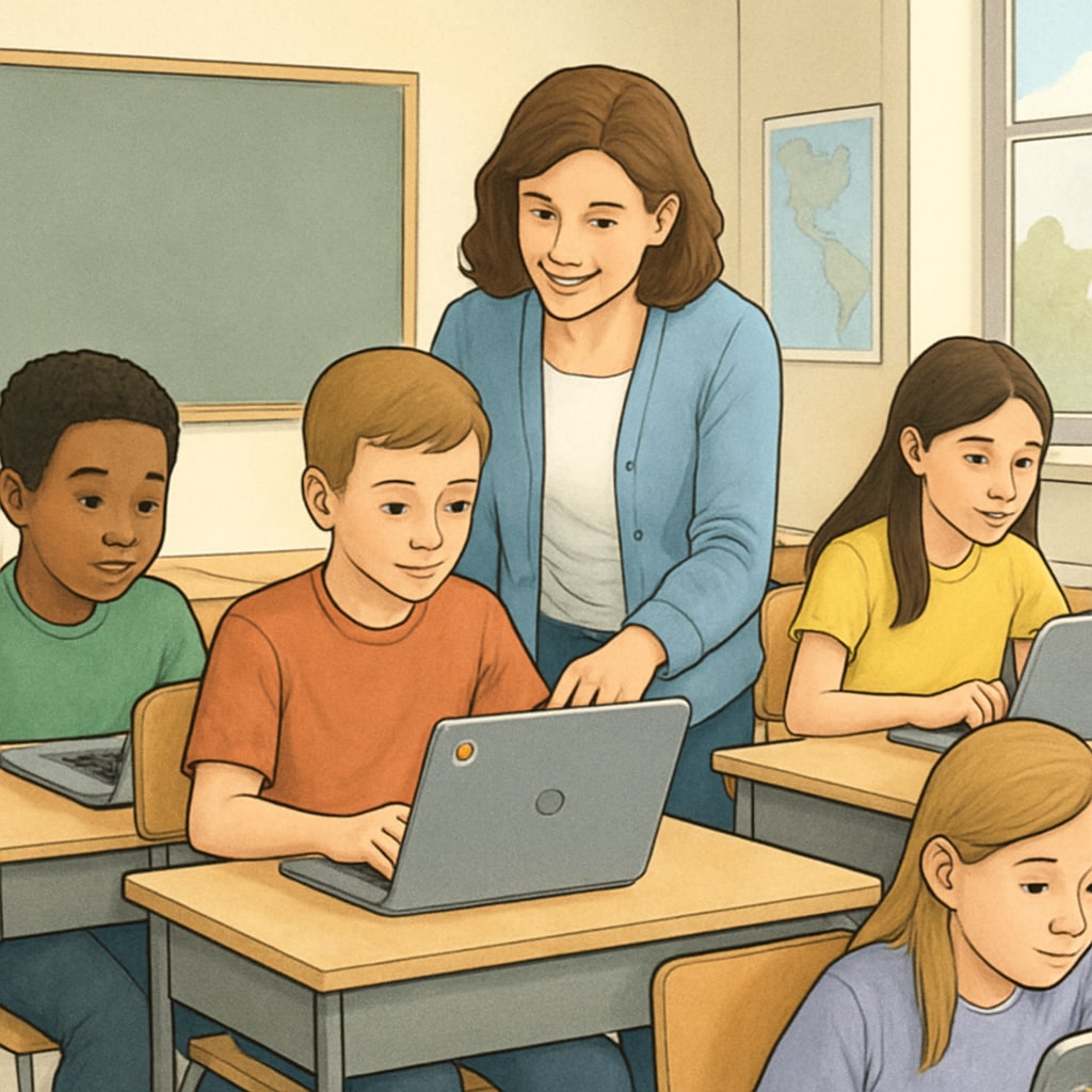 Students using Chromebooks in a classroom, illustrating EdTech efficiency.