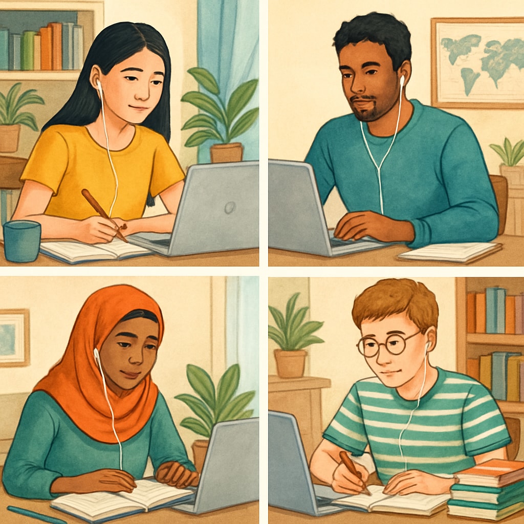 A diverse group of students studying online from their homes, symbolizing international education opportunities. Online learning opportunities for international students, including affordable tuition options.