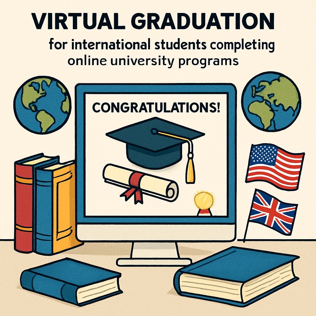 A virtual graduation ceremony representing the success of international students completing online university programs. Online university graduation for Latin American international students achieving their academic goals.