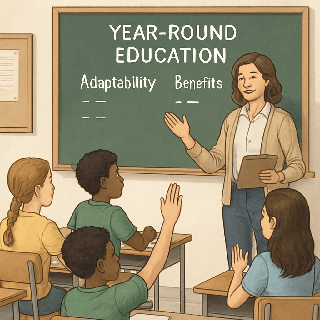 Teacher interacting with students in a year-round school program.