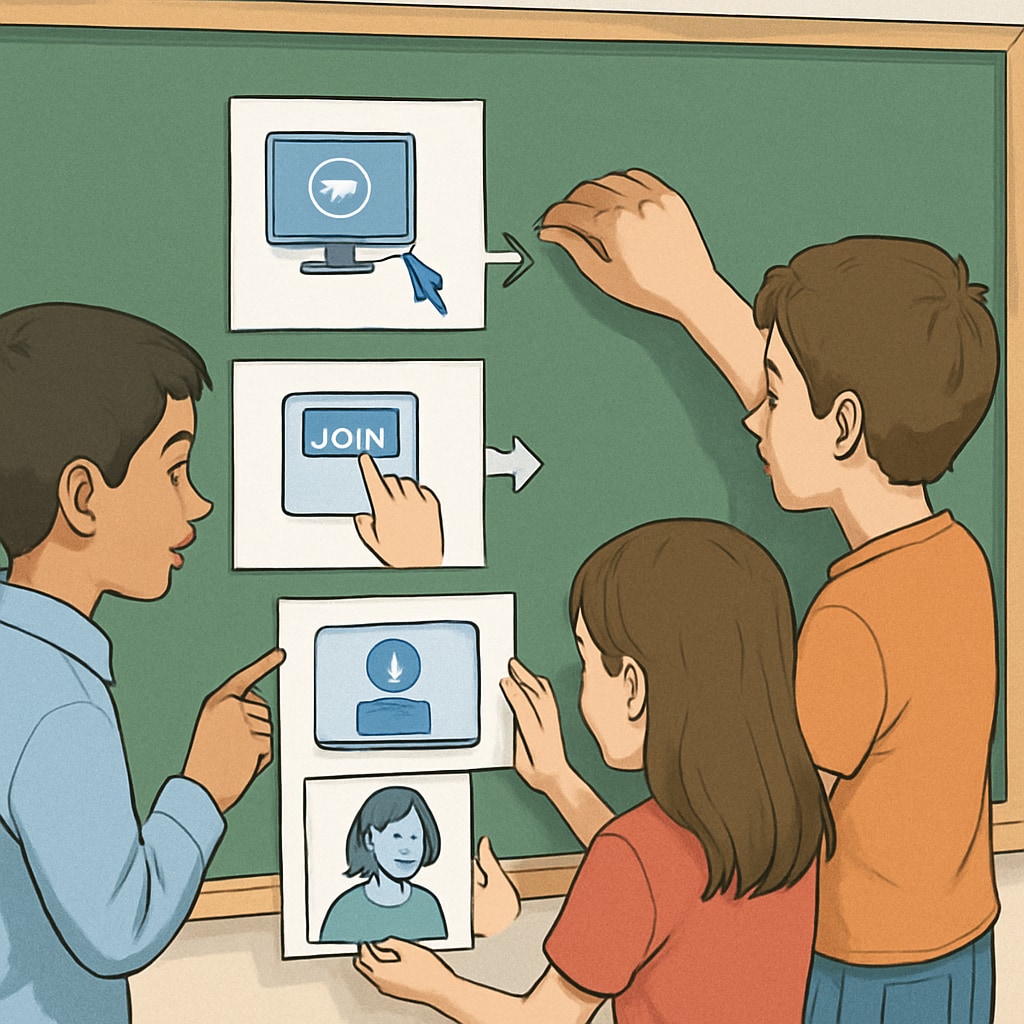 Students arranging a Zoom activity sequence on a classroom board.