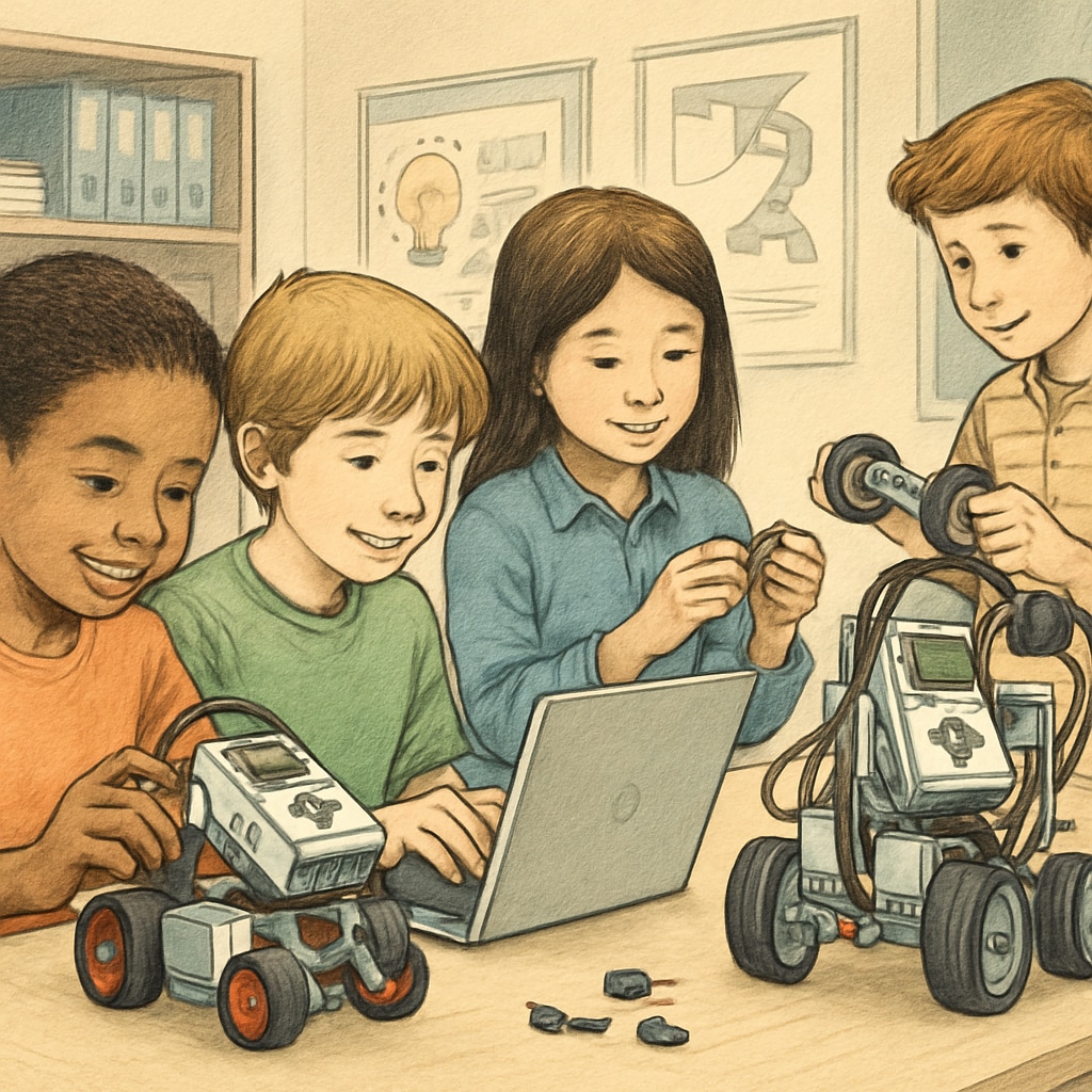Children engaging in a hands-on robotics activity, an example of enrichment for high-achieving students.