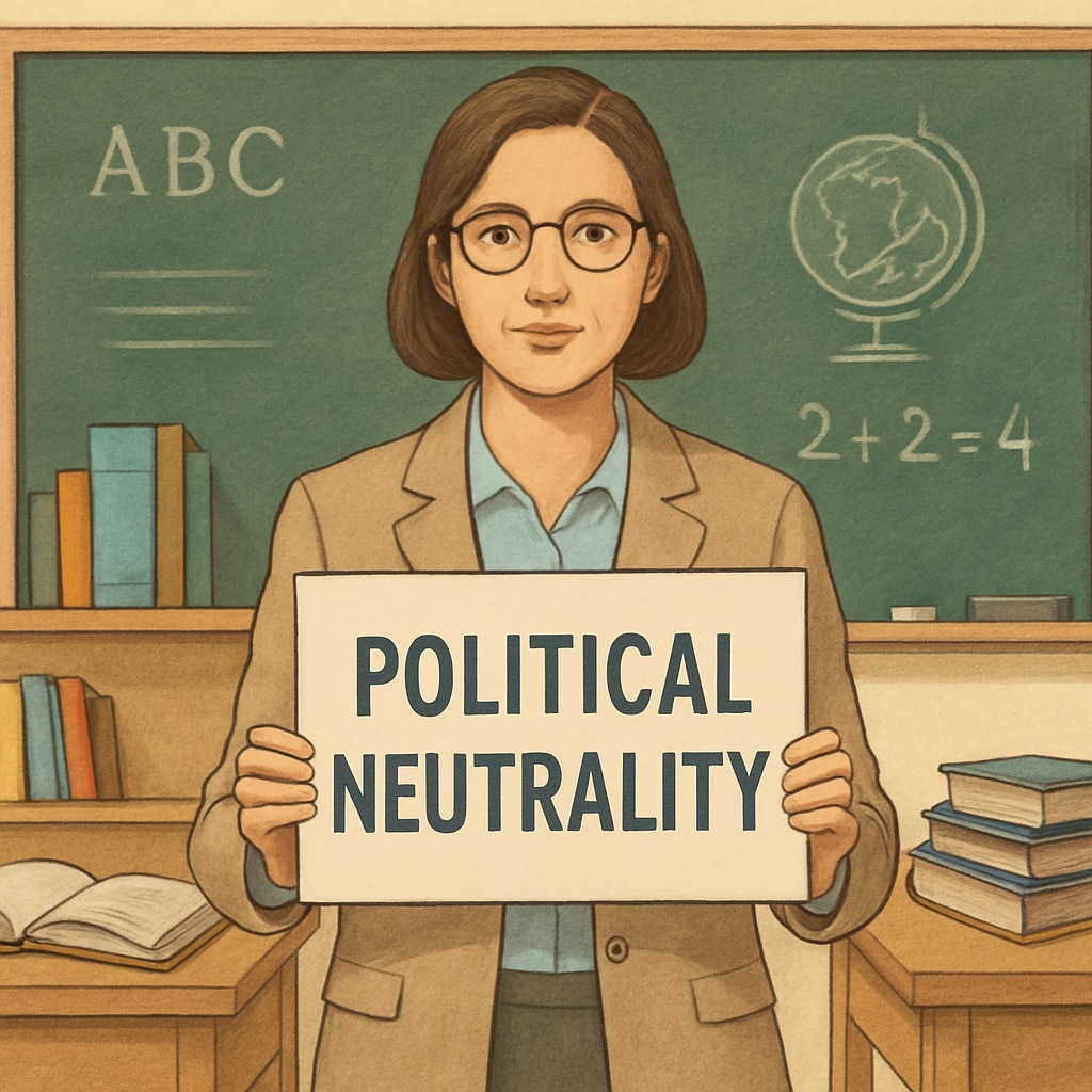Political neutrality in education, teacher with a sign in classroom.