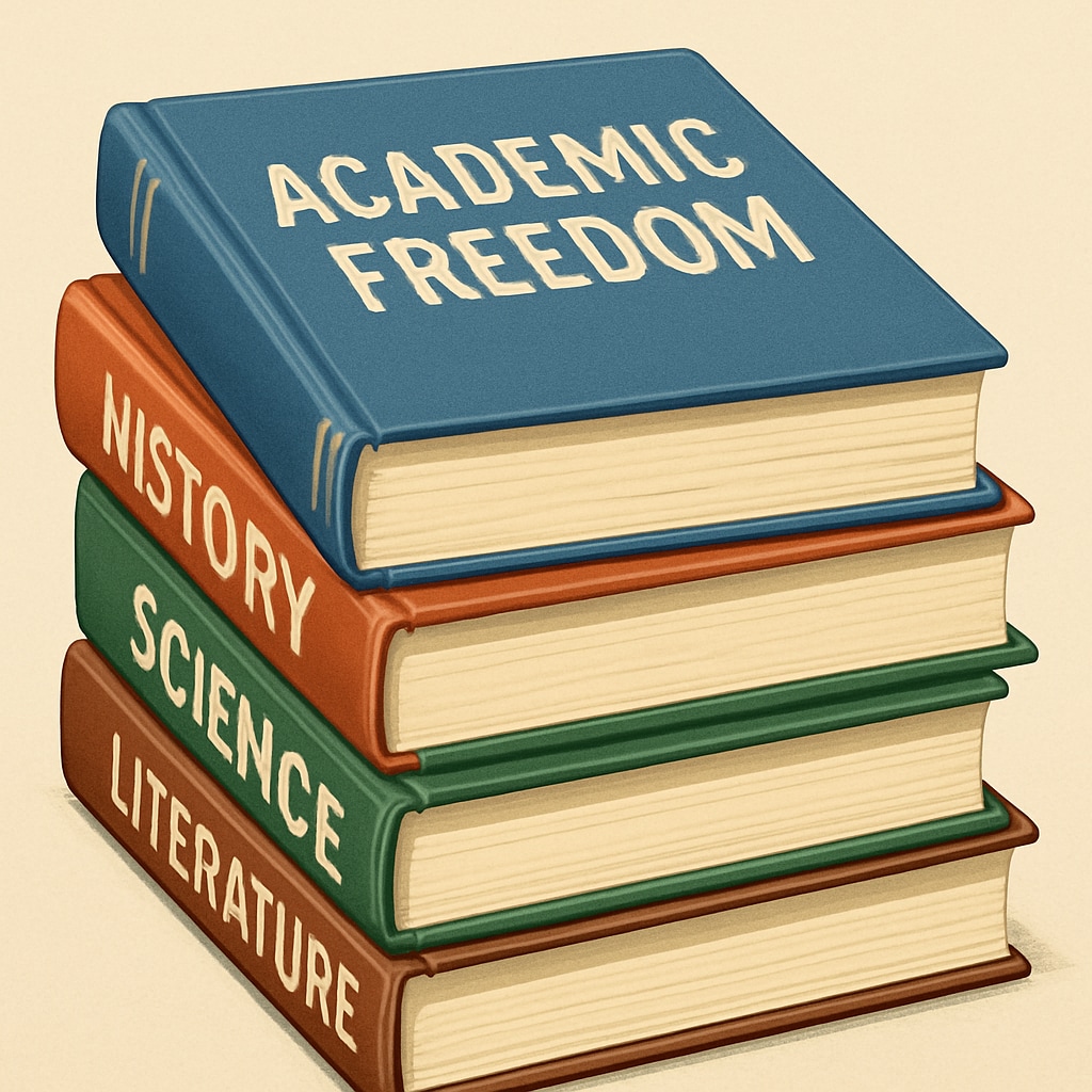 Academic freedom and diversity in education, stack of textbooks.