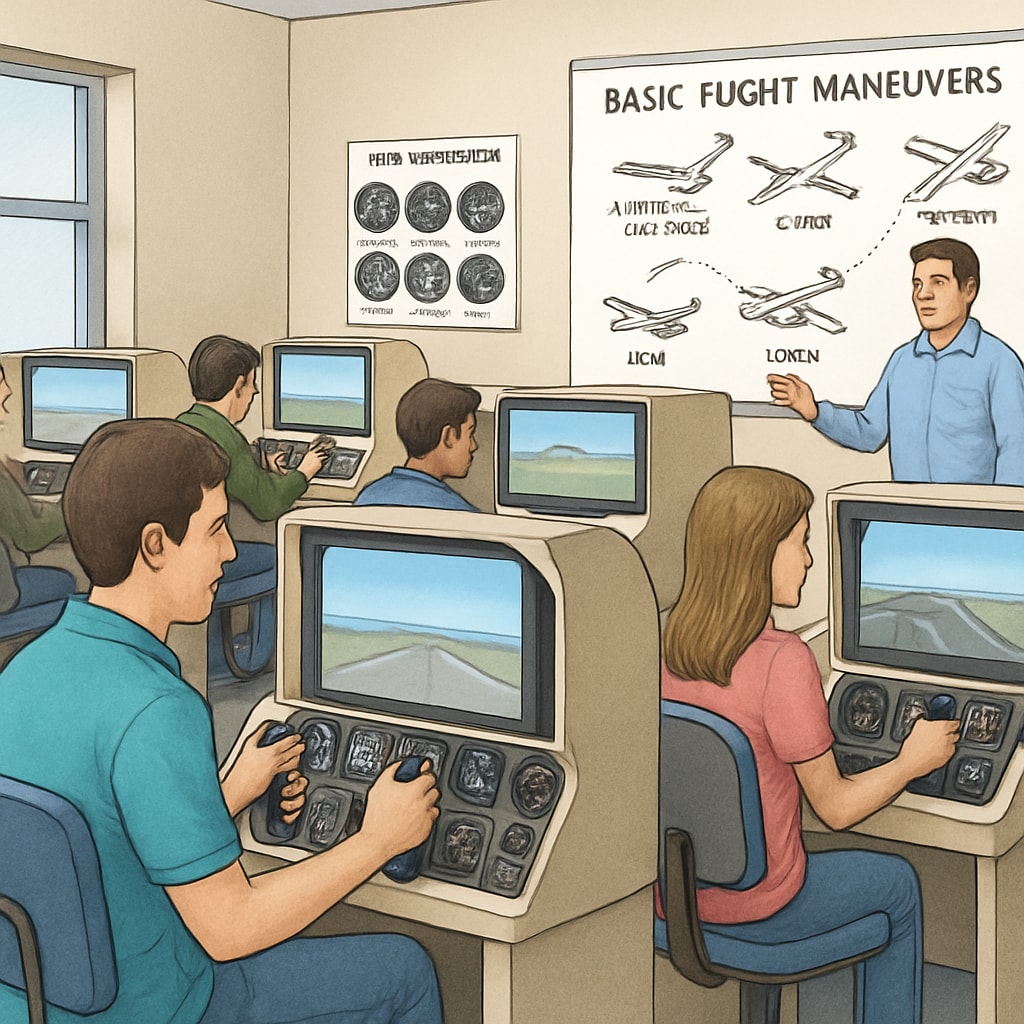 Students using flight simulators in a classroom, showcasing aviation training in K12 education.