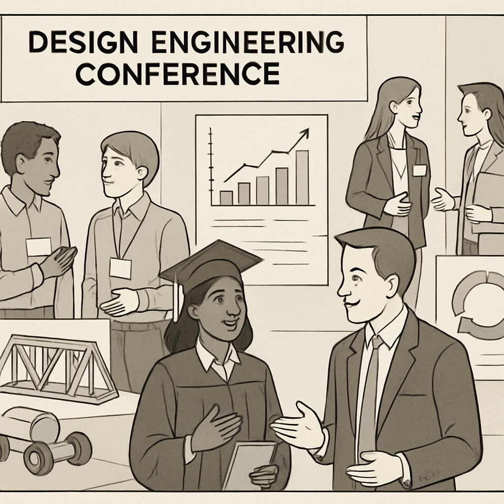 Design engineering professionals and students discussing projects at a career conference.